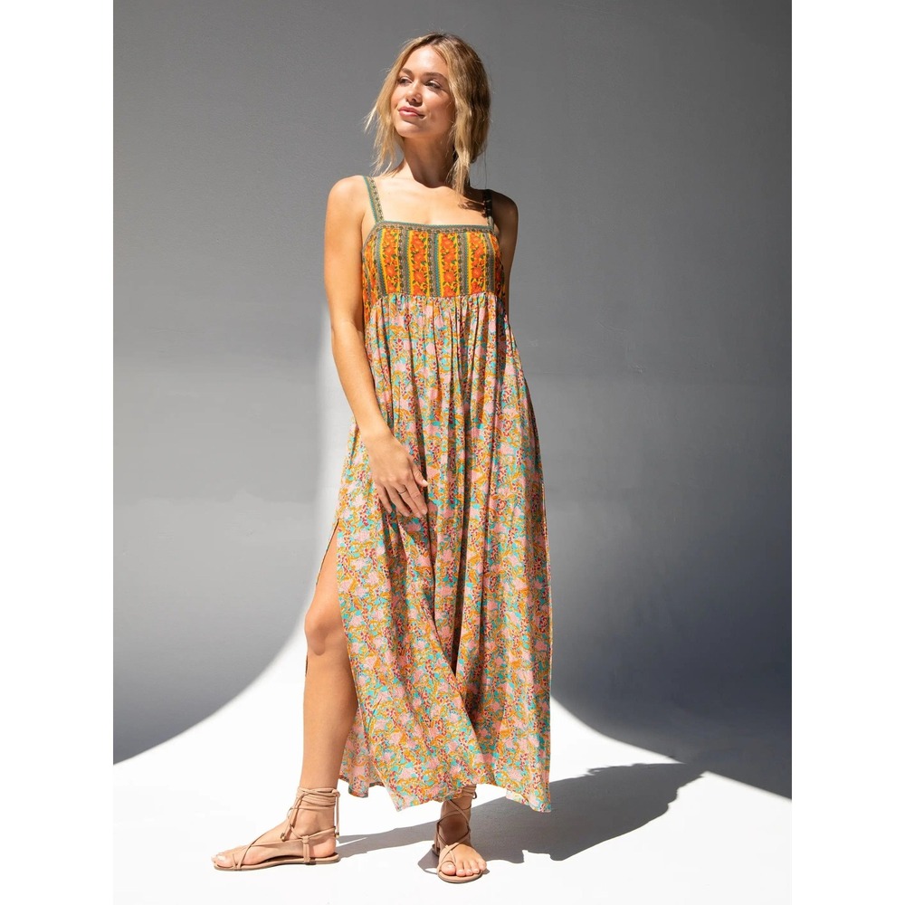 Natural Life Patti Side Slit Maxi Dress Turquoise Orange Mixed Print Floral Med